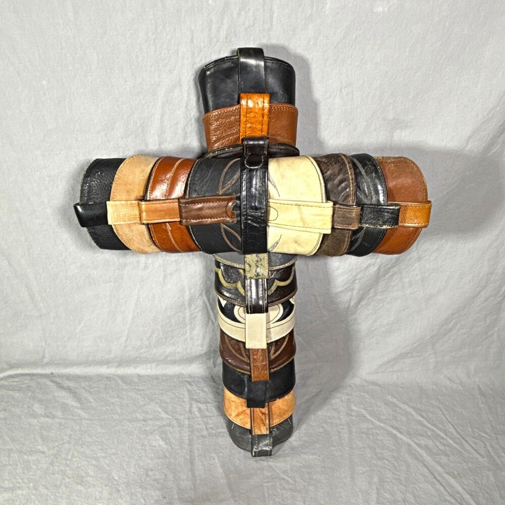 Unique Upcycled Leather Cowboy Boot Cross Large Folk Art Western Home Decor